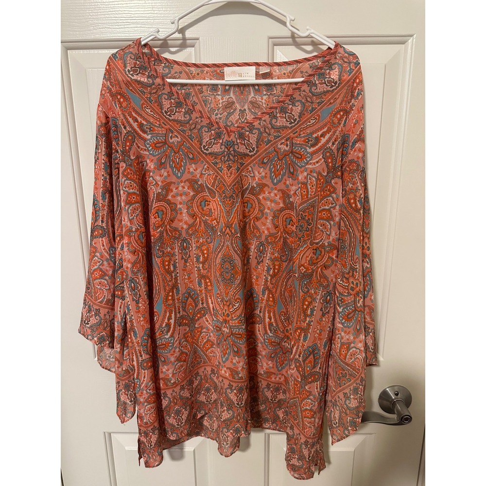 Belle by Kim Gravel Blouse Womens 2X Coral Paisley Bell Sleeve V-Neck Top